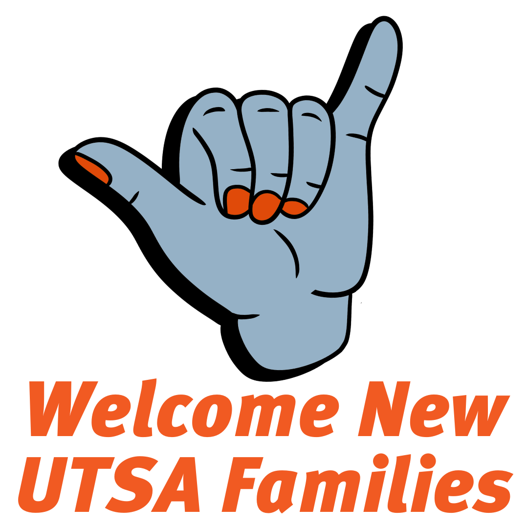 Welcome New UTSA Families - blue hand in Birds Up position with orange nails